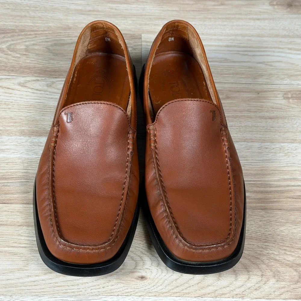 Tods Loafers Mens Size 10 Brown Leather Moc Square Toe Slip On Made in Italy